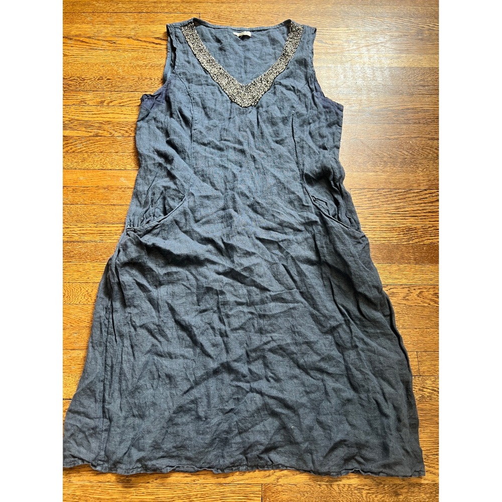 Lina Tomei Italy Gray Linen Beaded V-Neck Sleeveless Midi Dress with Pockets M